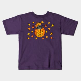 Cartoon Halloween Cat in Jack o Lantern Pumpkin with Fall Leaves on a Purple Backdrop, made by EndlessEmporium Kids T-Shirt